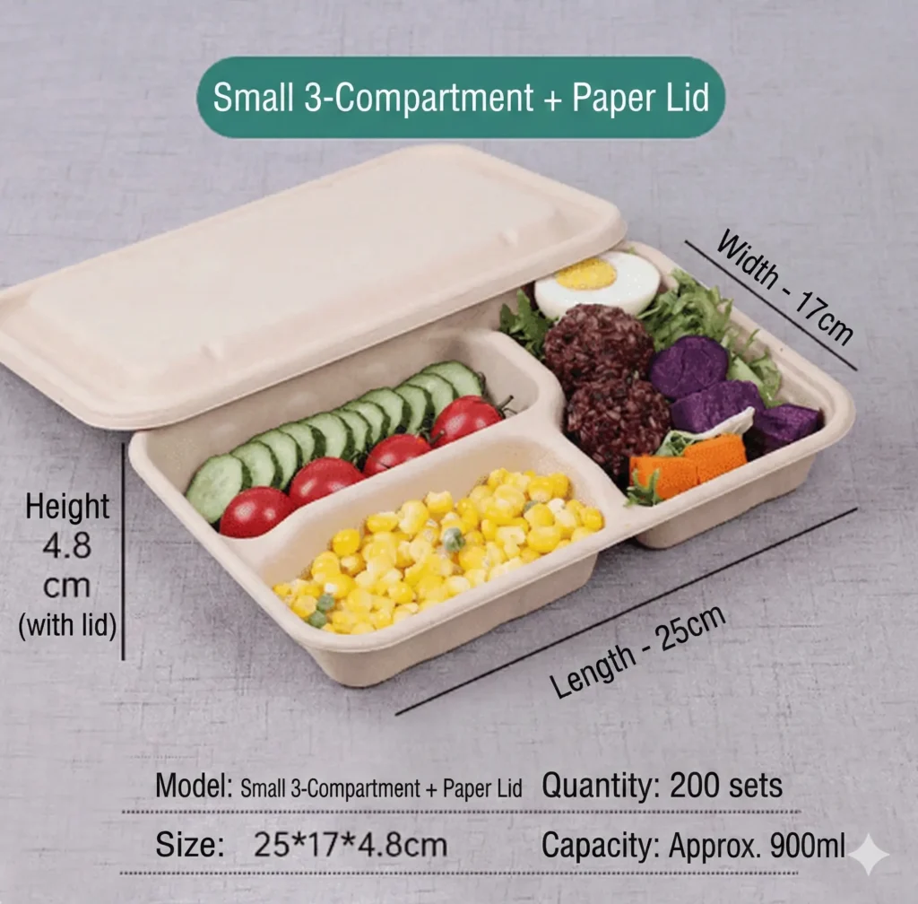 900ml 3 Compartment Biodegradable Food Container with Paper Lid – Sugarcane Bagasse Lunch Box (Wholesale / 200 Sets)