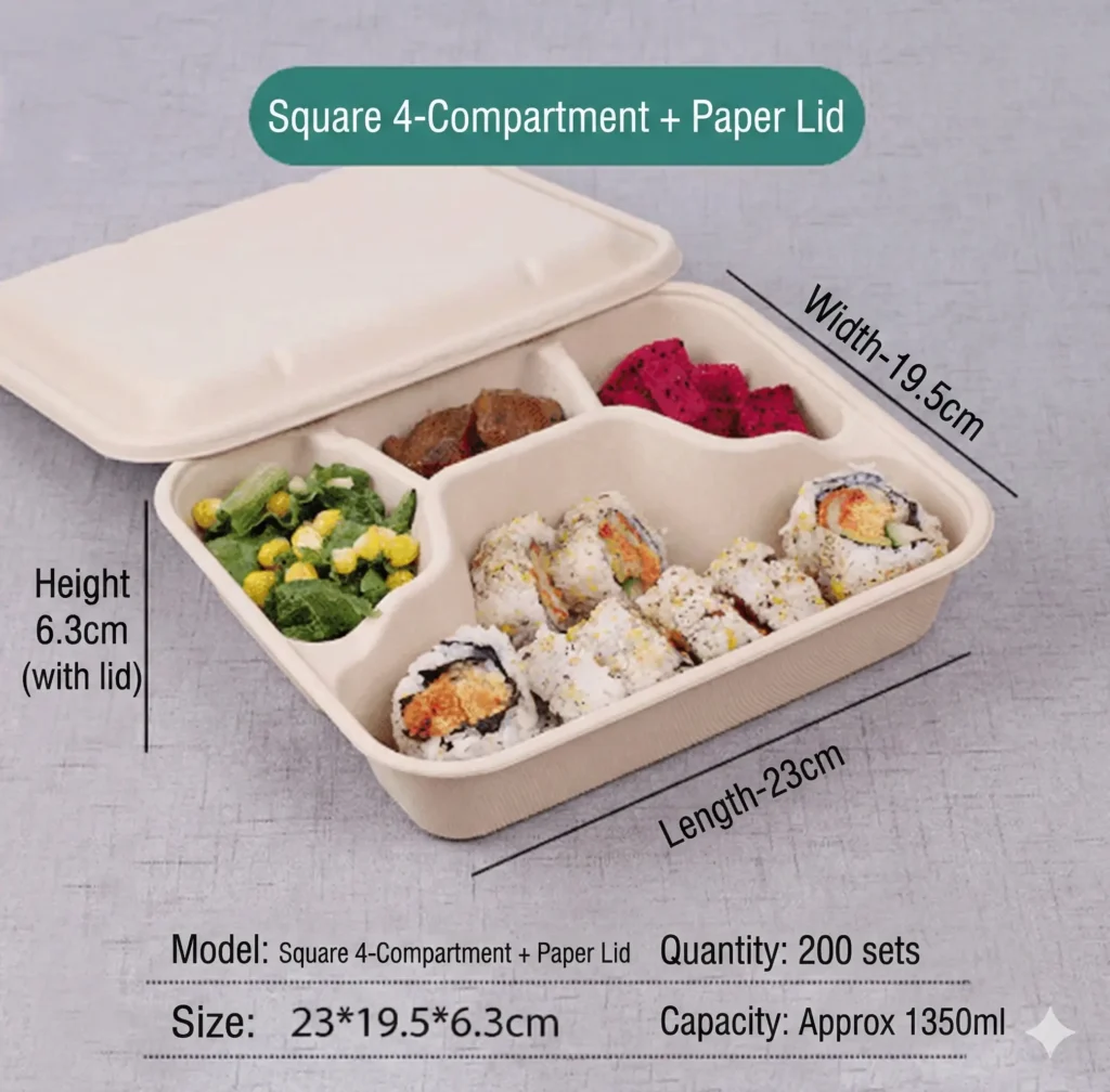 1350ml 4-Compartment Sugarcane Bagasse Food Container with Paper Lid | Biodegradable Bento Box Wholesale