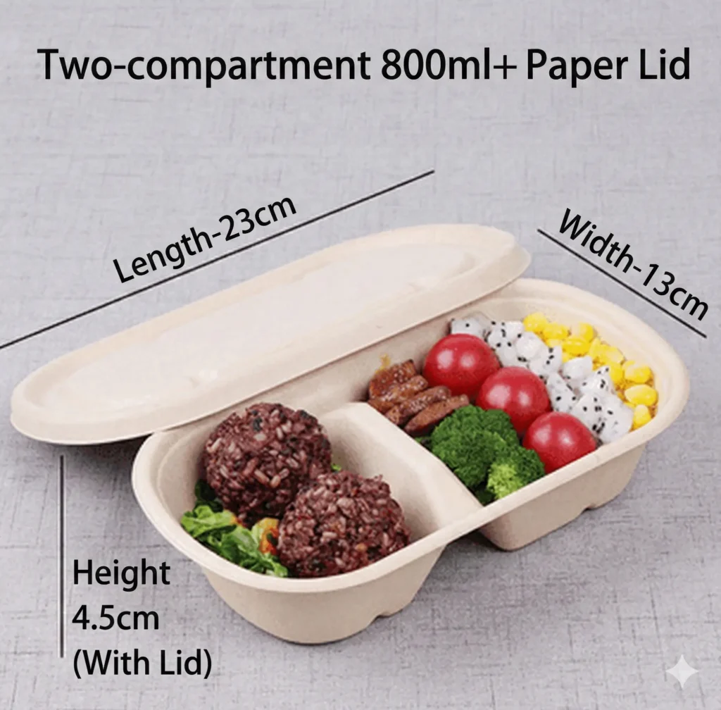 800ml Oval 2-Compartment Sugarcane Bagasse Food Container with Paper Lid | Biodegradable Lunch Box Wholesale