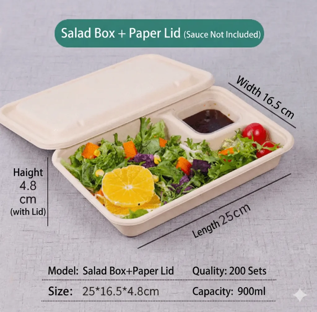 900ml Biodegradable Sugarcane Bagasse Salad Box with Paper Lid – Disposable & Compostable (Wholesale / 200 Sets)