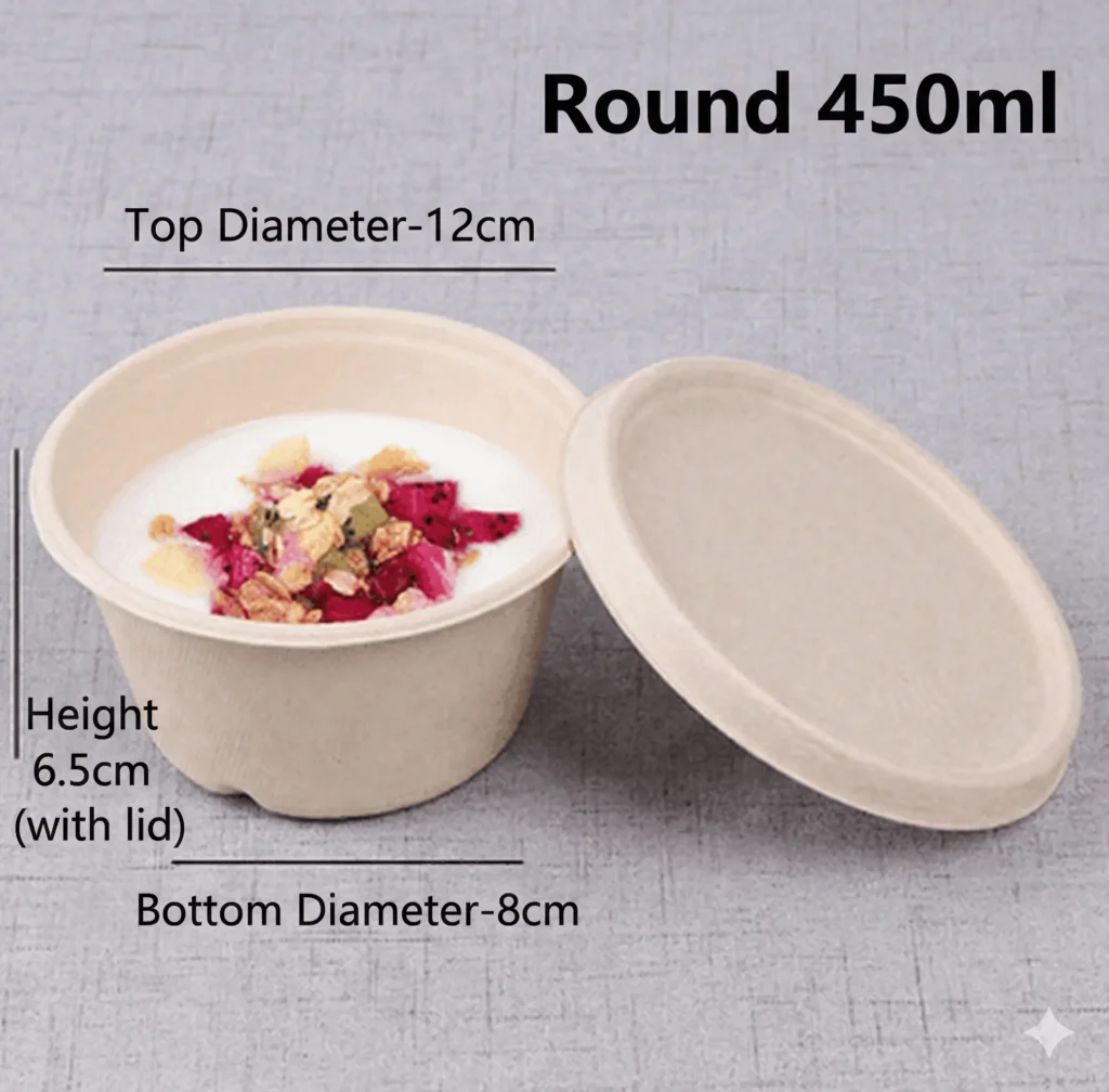 450ml Sugarcane Bagasse Round Bowl with Paper Lid (Medium Soup Bowl)