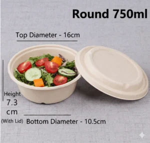 750ml Sugarcane Bagasse Round Bowl with Paper Lid (Salad & Ramen Bowl)