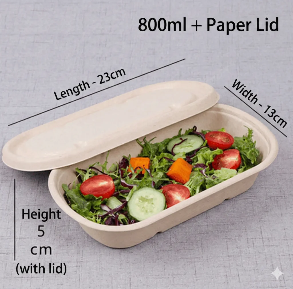 800ml Sugarcane Bagasse Rectangular Container with Paper Lid (Premium Salad Box)