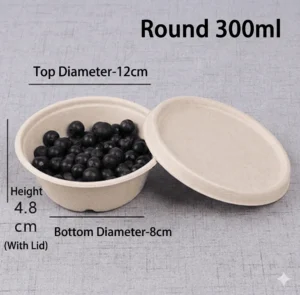 300ml Sugarcane Bagasse Round Bowl with Paper Lid (Small Salad Bowl)
