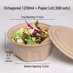 1250ml Sugarcane Bagasse Octagonal Salad Bowl with Paper Lid (300 Sets)