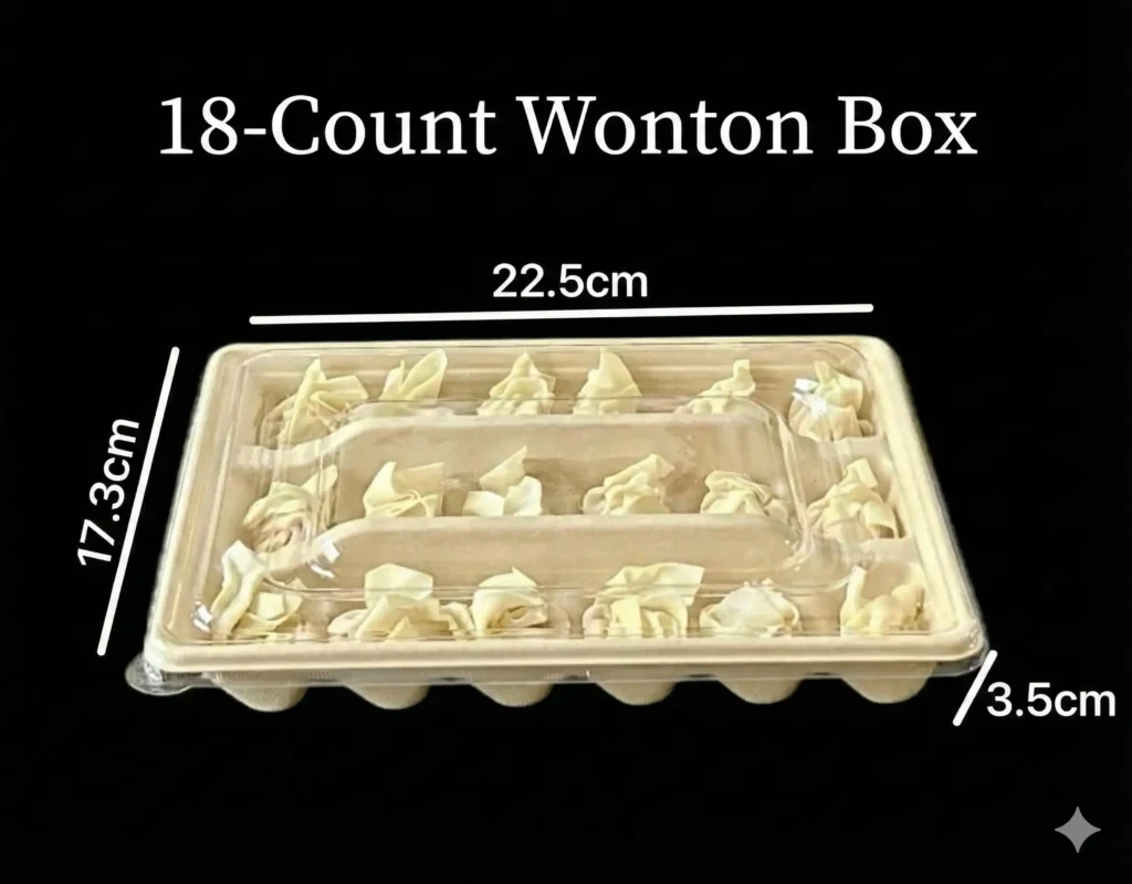 18-Count Wonton Box – Sugarcane Bagasse Tray with Clear PET Lid
