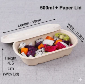 500ml Sugarcane Bagasse Rectangular Container with Paper Lid (Sushi & Salad Box)