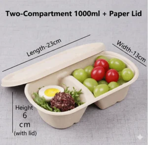1000ml Two-Compartment Sugarcane Bagasse Container with Paper Lid (Large Divided Bento Box)