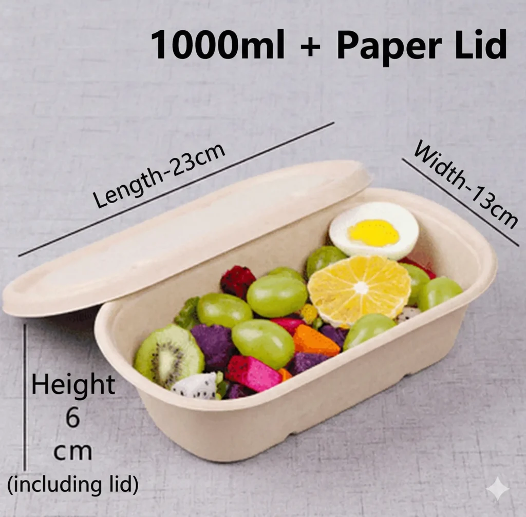 1000ml Sugarcane Bagasse Rectangular Container with Paper Lid (Large Meal Box)