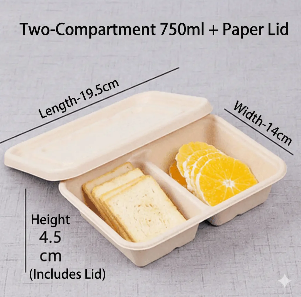 750ml Two-Compartment Sugarcane Bagasse Container with Paper Lid (Divided Bento Box)