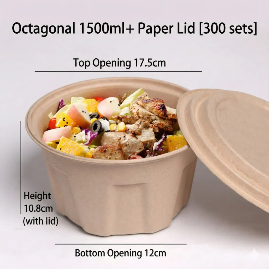 1500ml Sugarcane Bagasse Octagonal Salad Bowl with Paper Lid (300 Sets)