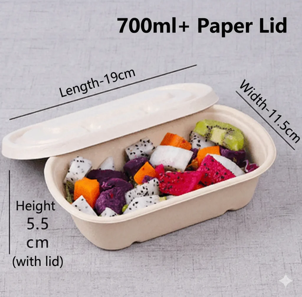 700ml Sugarcane Bagasse Rectangular Container with Paper Lid (Takeaway Bento Box)